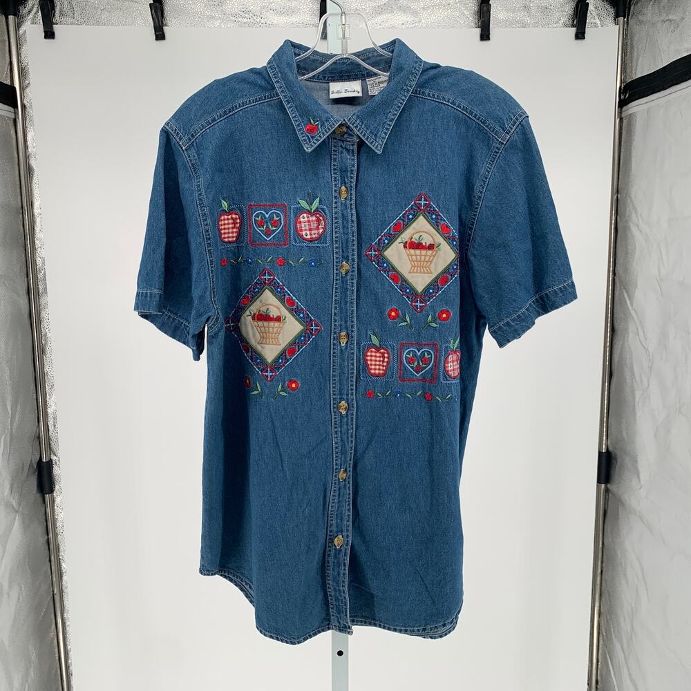 vintage Bobbie Brooks denim button up shirt embroidered apples women size medium
